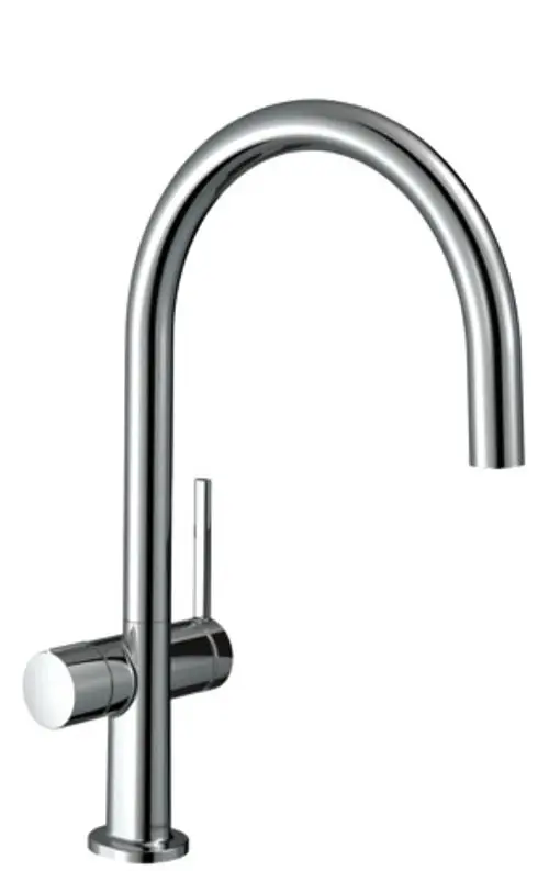 Küchenarmatur von Hansgrohe in verchromtem Finish, mit hohem Auslauf und seitlichem Hebel für die Wassersteuerung.